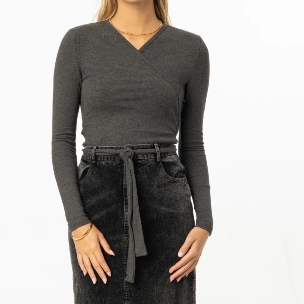 Blank NYC Dark Gray Long Sleeve Wrap Top
